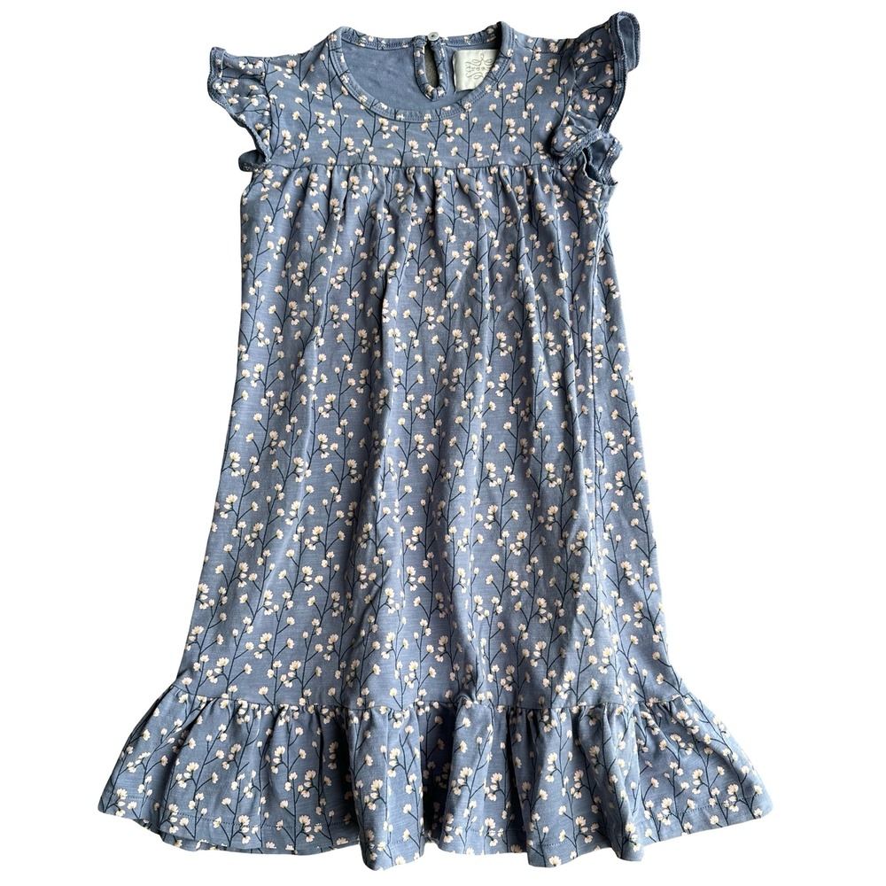 Creamie Jersey Dress Size 5 Blue Foral Crew Neck Ruffle Fit& Flare Paty